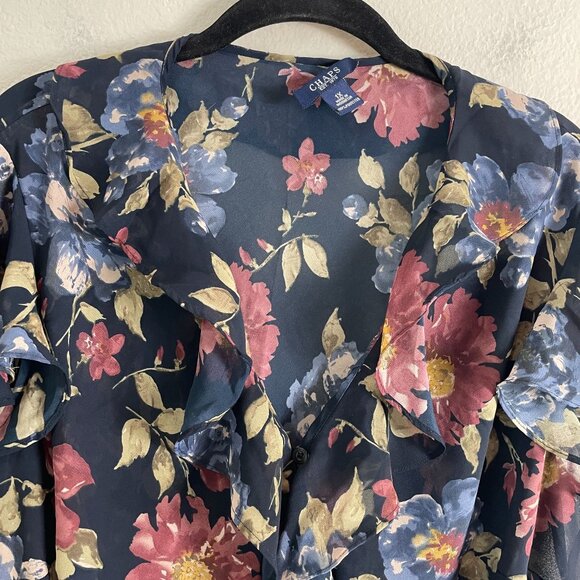 Chaps Womens Plus 1X Floral Ruffle Blouse Sheer Lightweight Short Sleeve Shirt - Picture 6 of 8